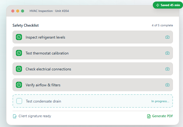 Inspecto inspection checklist showing an HVAC inspection with photo capture, progress tracking and a generate PDF action