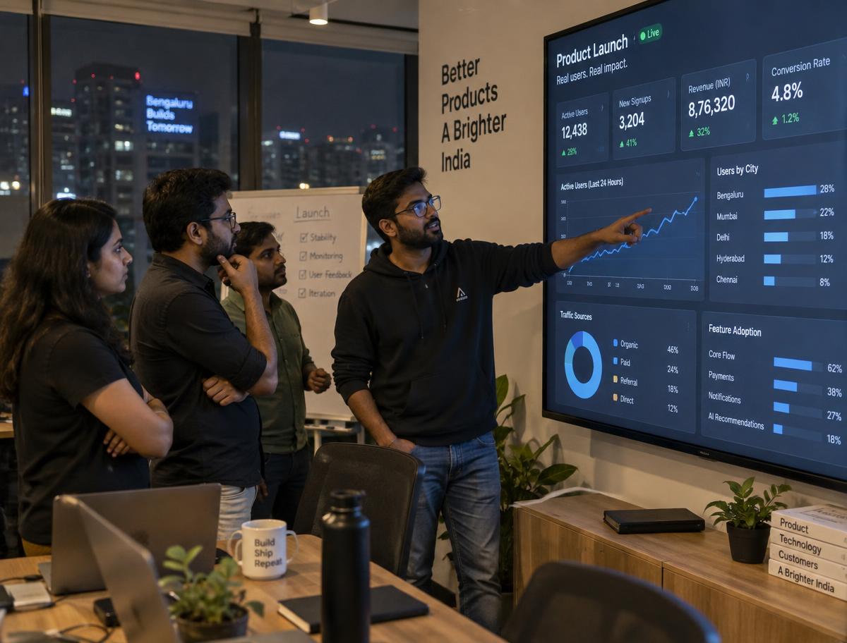 Team reviewing live performance dashboards after launch