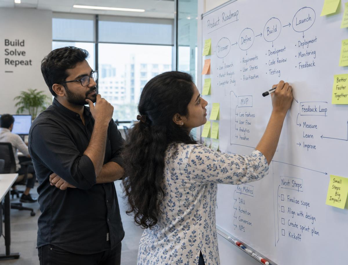 Team planning the solution on a whiteboard with sticky notes