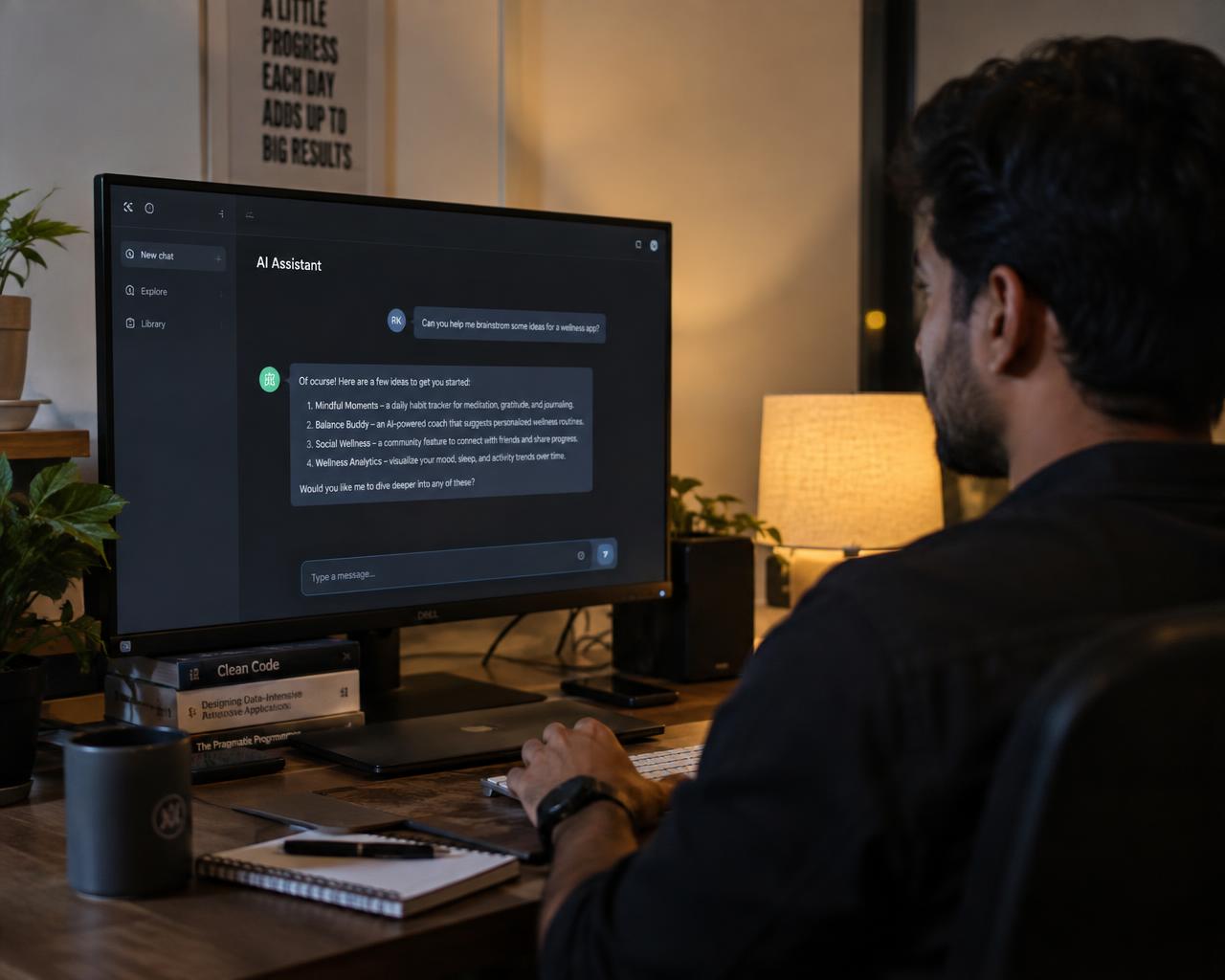 Indian engineer testing an AI chat assistant on his desk monitor